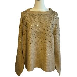 NWT Vince Camuto Sequin Raglan Pullover Sweater Gold Camel Neutral Glam L